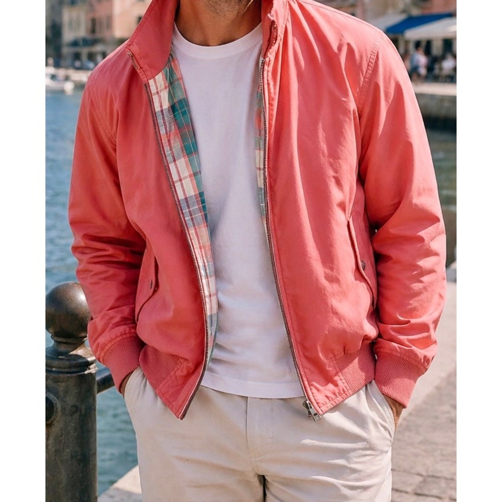 Vintage 90s GANT Reversible Harrington Jacket Plaid Coral Pink Mens L Preppy - Picture 2 of 16